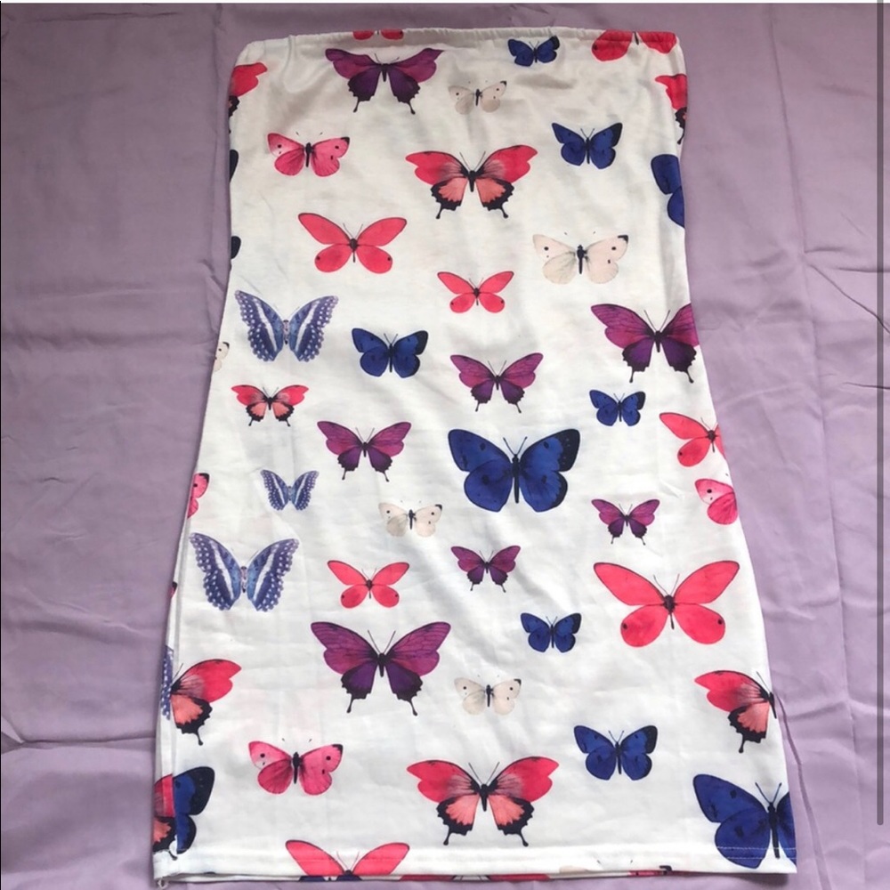 White strapless mini butterfly printed dress
